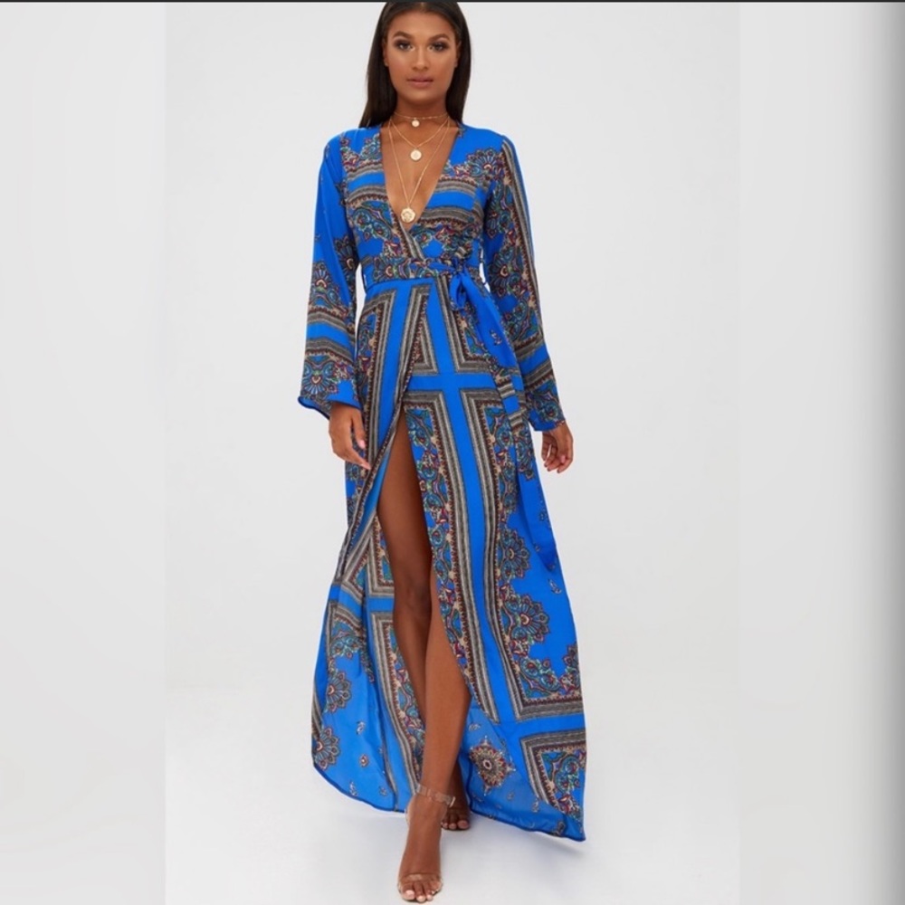 Pretty Little Thing Cobalt Print Satin Kimono Dress